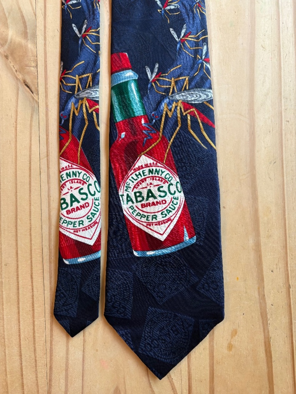 Vintage Tabasco Brand 100% Silk Novelty Necktie Navy Blue Hot Sauce